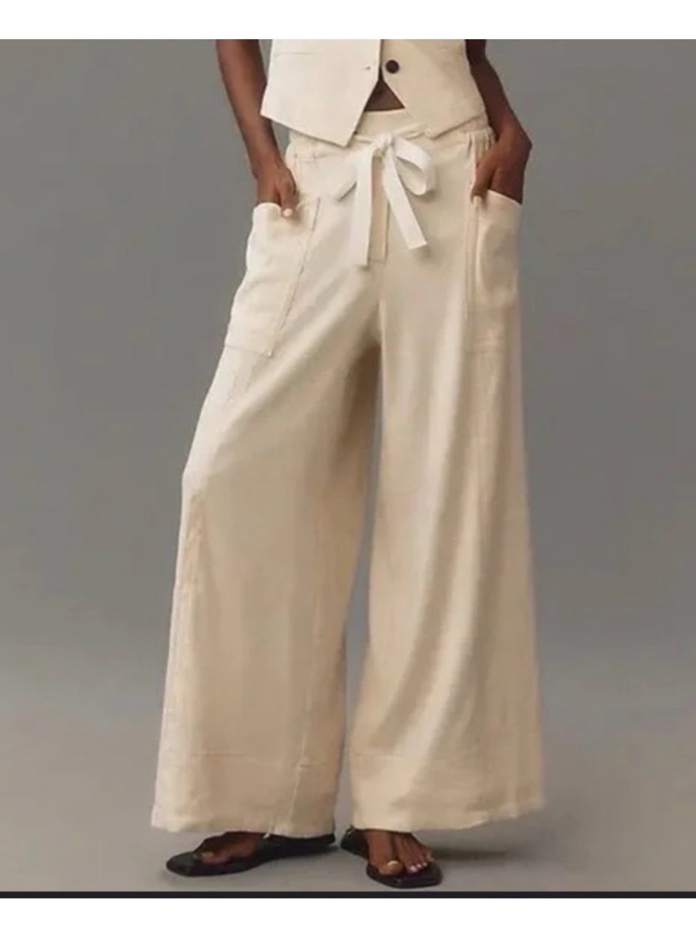 Maeve Wide-Leg Drawstring Pants in Cream